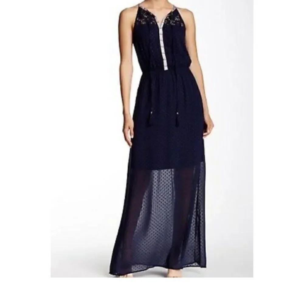 Daniel Rainn Women's Maxi Dress Size Extra Large Lace Yoke Solid Blue Lined